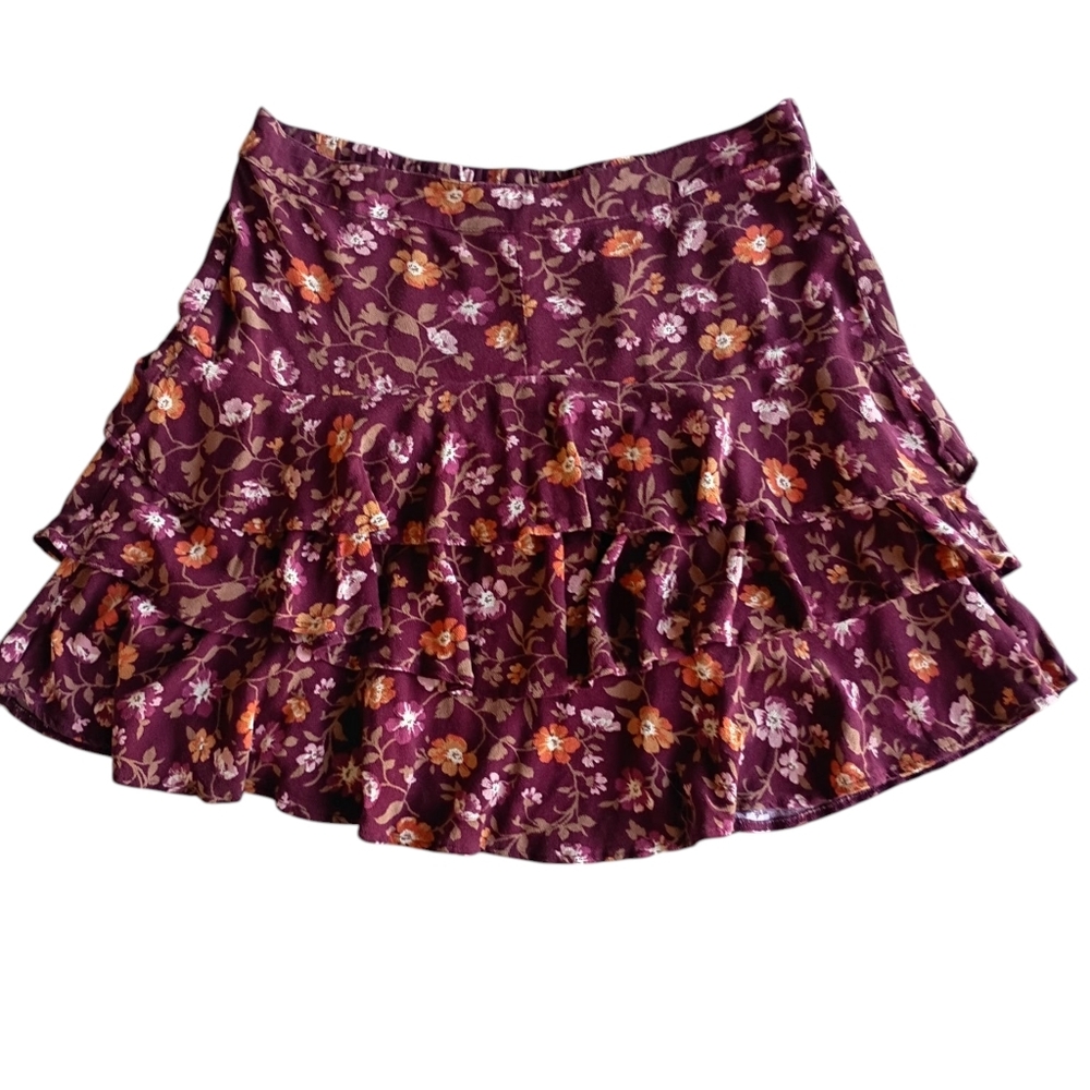 American Eagle Burgundy Floral Print Boho Flowy Skirt SZ L - Picture 2 of 5